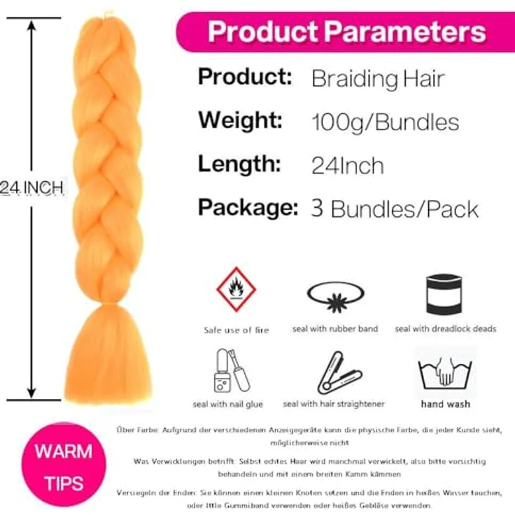 Shangxiu Orange Kunsthaar zum Einflechten, 3 Packs, 24" Yaki Textur, hitzebeständig, 300g – Bild 5