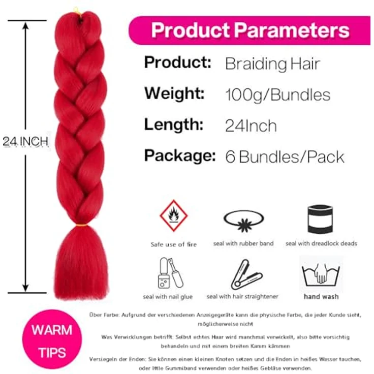 Shangxiu Rot Braiding Hair, 24" (60cm) Premium Hitzebeständige Kunsthaarverlängerungen, 6pcs/lot, Yaki Gerade Textur zum Einflechten – Bild 5