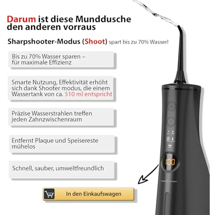 Tristan Auron ProJet Munddusche – 5 Reinigungsmodi, 8 Druckstufen, 300 ml Tank, LCD Display, USB-C Schnellladung, IPX7, inkl. 2 Ersatzdüsen und Reisetasche – Bild 2