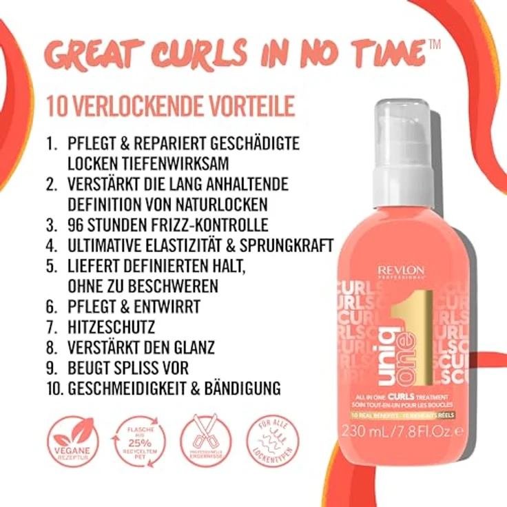 REVLON PROFESSIONAL UniqOne Curls Treatment, 230 ml, Leave in Haarkur für lockiges, gewelltes und krauses Haar, mit Anti Frizz & Hitzeschutz, vegan – Bild 2