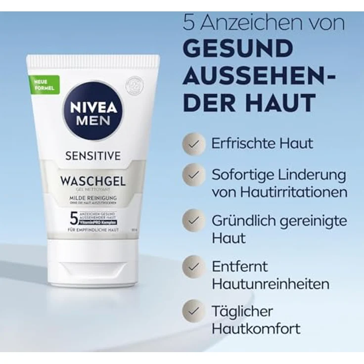 NIVEA MEN Sensitive Waschgel, sanftes Reinigungsgel mit VitaminPRO Komplex, 100 ml zur Beruhigung empfindlicher Männerhaut – Bild 2