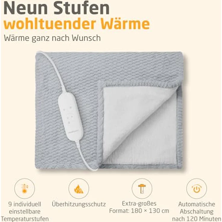 Medisana HB 416, Heizdecke für kuschelige Wärme, 120 Watt, hellgrau (180 x 130 cm) – Bild 2