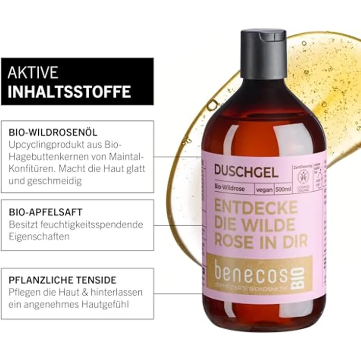benecos Wildrose Duschgel 500 ml, sanft reinigend mit Bio-Wildrosenöl und Bio-Apfelsaft – Bild 3