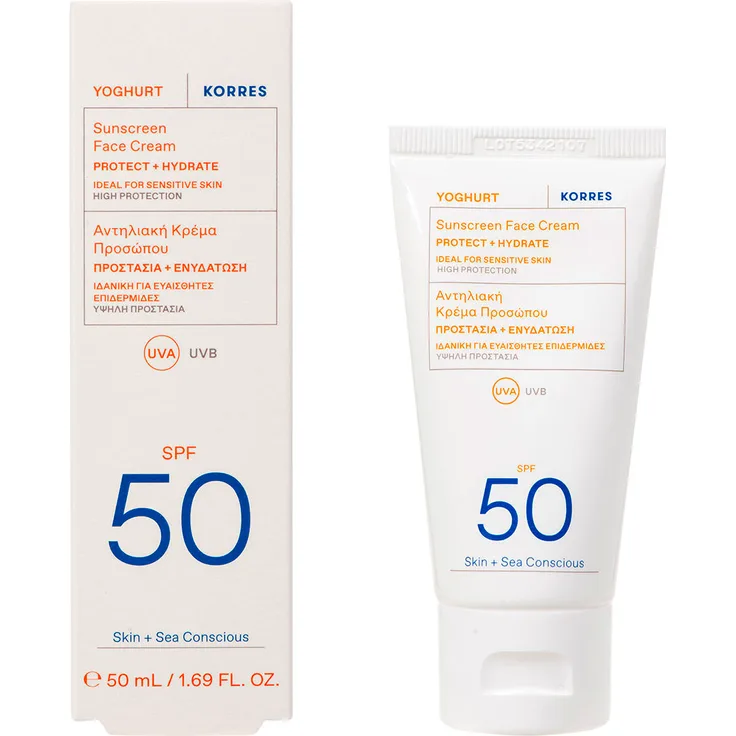 KORRES Yoghurt Sunscreen Face Cream SPF 50, 50 ml, leichte Sonnencreme mit hohem UVA/UVB Schutz, wasserresistent, für sensible Haut