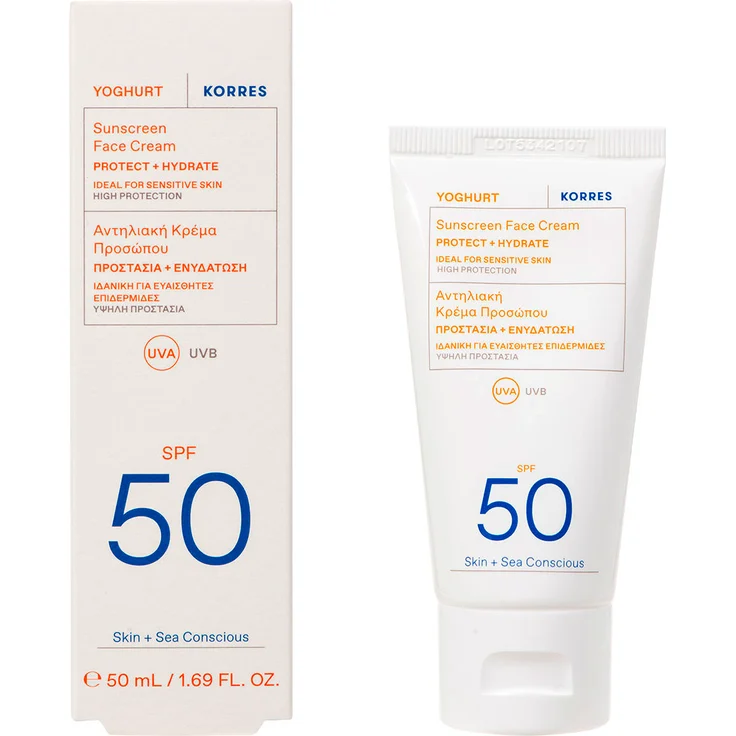 KORRES Yoghurt Sunscreen Face Cream SPF 50, 50 ml, leichte Sonnencreme mit hohem UVA/UVB Schutz, wasserresistent, für sensible Haut
