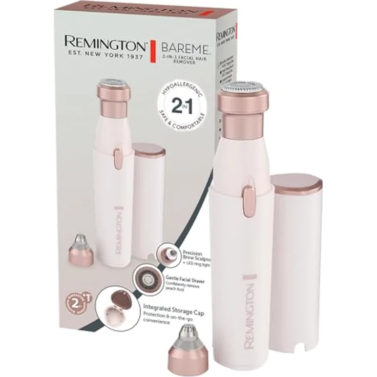 Remington BareMe WFS200, 2-in-1 Augenbrauenrasierer und Gesichtshaarentferner mit hypoallergenen Aufsätzen, USB-C Ladefunktion, wasserdicht