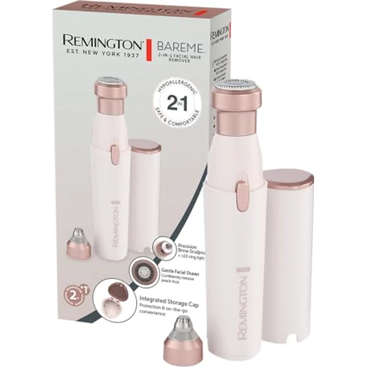 Remington BareMe WFS200, 2-in-1 Augenbrauenrasierer und Gesichtshaarentferner mit hypoallergenen Aufsätzen, USB-C Ladefunktion, wasserdicht – Bild 1