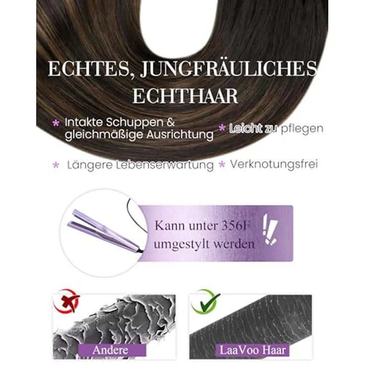 LaaVoo Microring Extensions Echthaar Braun Balayage, 40 cm, 50 g, Dunkelbraun mit Hellbraun, Remy Haar, wiederverwendbar, hitzestyling-fähig, #2/8/2 – Bild 4