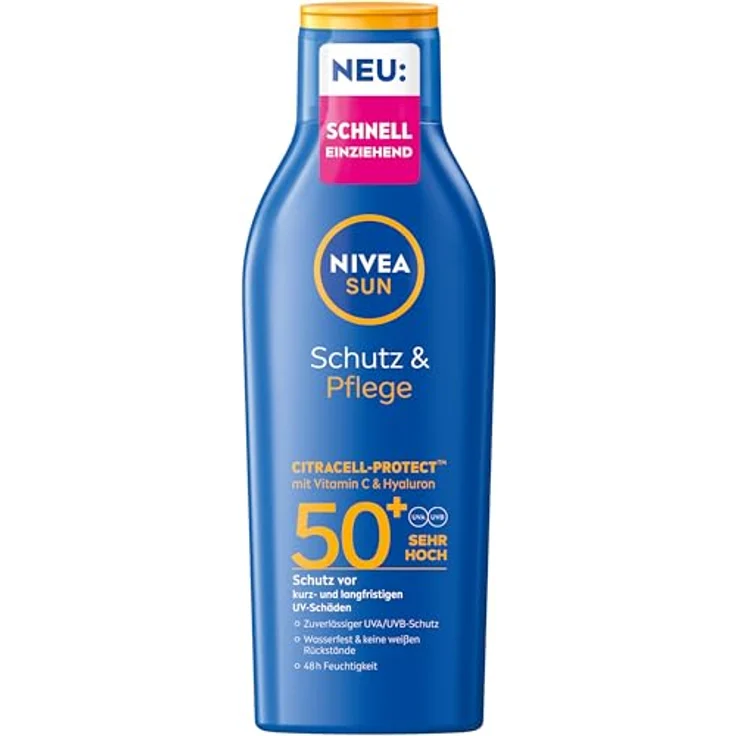 NIVEA SUN Schutz & Pflege Sonnenlotion LSF 50+, wasserfester Sonnenschutz mit Vitamin C & Hyaluron, 48h Feuchtigkeit ohne weiße Rückstände, 200 ml – Bild 1