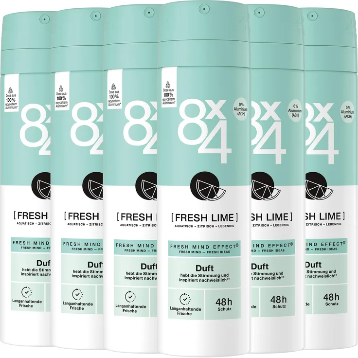 Beiersdorf 8x4 Deo Spray Fresh Lime, 6 x 150ml, erfrischend-spritzige Zitrusnote, 48h Schutz, vegan