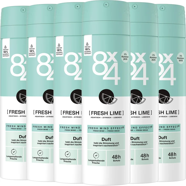 Beiersdorf 8x4 Deo Spray Fresh Lime, 6 x 150ml, erfrischend-spritzige Zitrusnote, 48h Schutz, vegan
