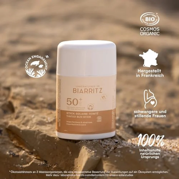 Laboratoires de Biarritz Getönter Sonnenstick LSF50, Bio-zertifiziert, beige, schützt und kaschiert Narben, 12g, Made in France – Bild 3