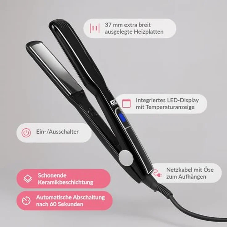 KU2 Cosmetics Haarglätteisen Bold, Extra breite 37 mm Keramik-Platten, LED-Display, 130–220 °C, 40 s Aufheizzeit, automatischer Shut-Off, vielseitig für glattes, lockiges Haar & voluminöse Wellen – Bild 2