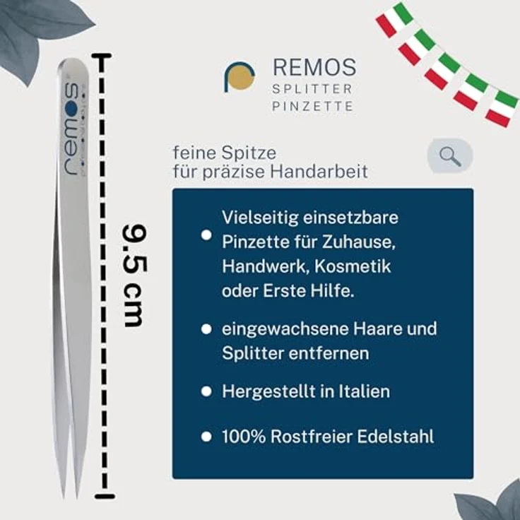 remos professional body care REMOS Splitterpinzette - Edelstahl [INOX] rostfrei 9.5 cm, feine Spitze satin, präzise für Splitter und eingewachsene Härchen – Bild 2