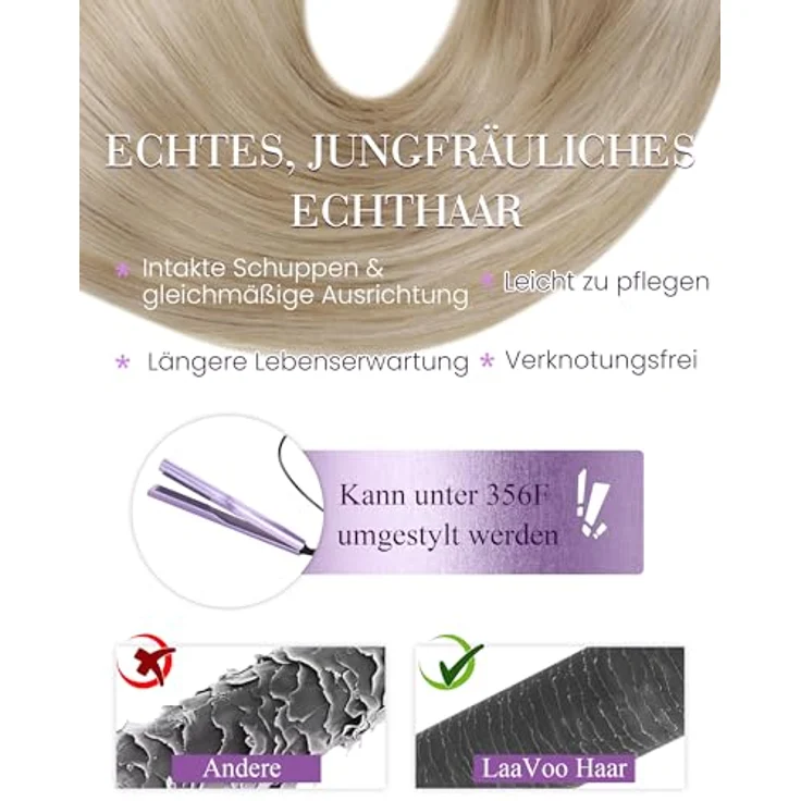 LaaVoo Microring Extensions, Echthaar Haarverlängerung in Aschblond Highlighted Blond, 50g, 35cm, Remy Bondings #P18/613 – Bild 4