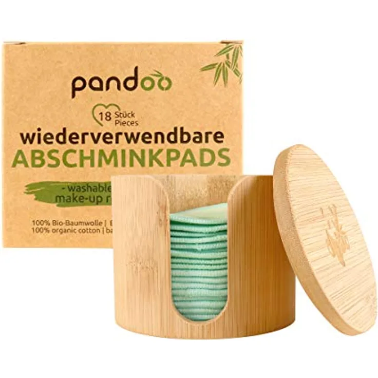 pandoo Abschminkschwamm 18 wiederverwendbare Abschminkpads, 9 Mintgrüne und 9 Naturweiße mit Mintgrünem Rand, inkl. Waschbeutel und Bambus Aufbewahrungsbox