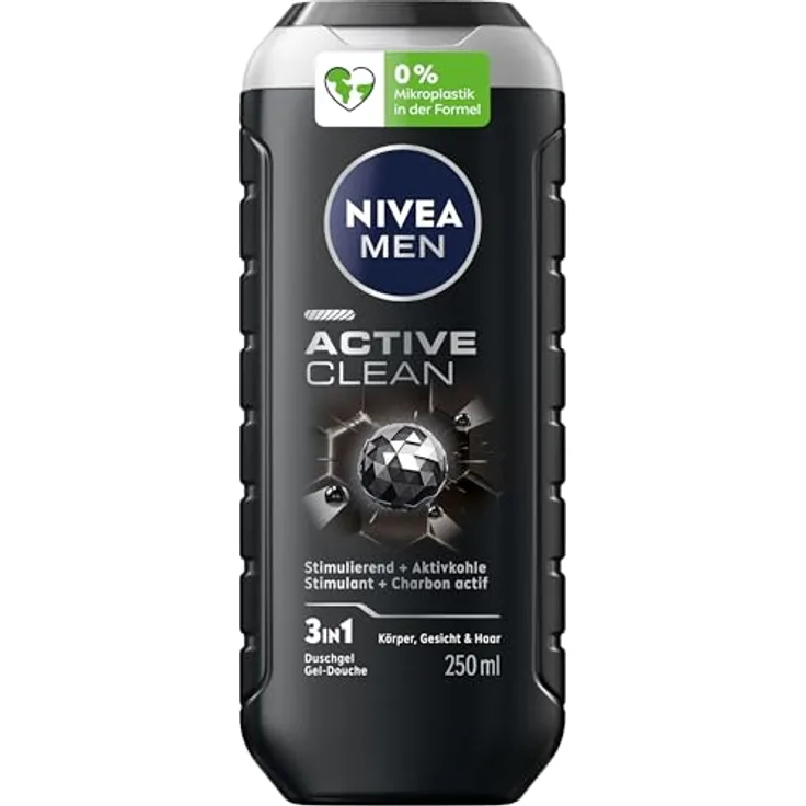 NIVEA MEN Active Clean Duschgel, pH-hautneutrale Pflegedusche mit Aktivkohle, stimulierender Duft für Körper, Gesicht und Haar (250 ml)