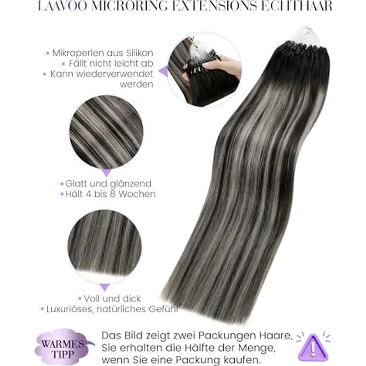 LaaVoo Microring Extensions Echthaar Micro Loop Ombre Silber, 50g Balayage Extensions mit ultrakleinen Perlen, wiederverwendbar und hitzestylingfähig – Bild 2