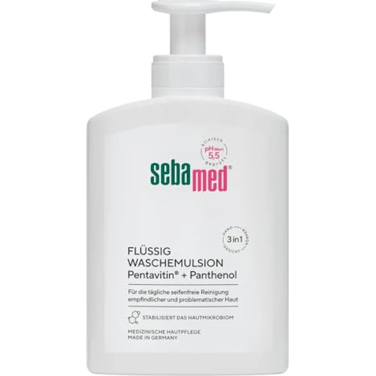 Sebamed Flüssig Wasch-Emulsion mit Pump-Spender 200 ml, seifenfreie Reinigung für empfindliche Haut, gegen Reizungen und Austrocknung, zur Hand-, Gesichts- und Körperreinigung geeignet – Bild 1
