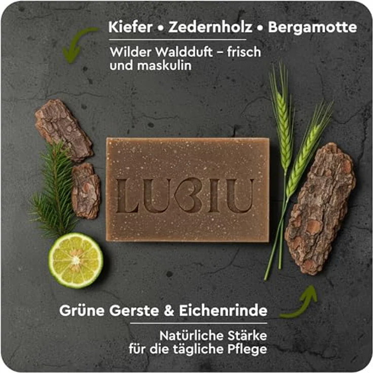 lubiu Tiefwald Seife 100g - 3in1 Feste Duschseife für Männer (Körper, Haare & Bart), Naturseife mit erdigem Duft aus ätherischen Ölen, vegan und palmölfrei – Bild 5