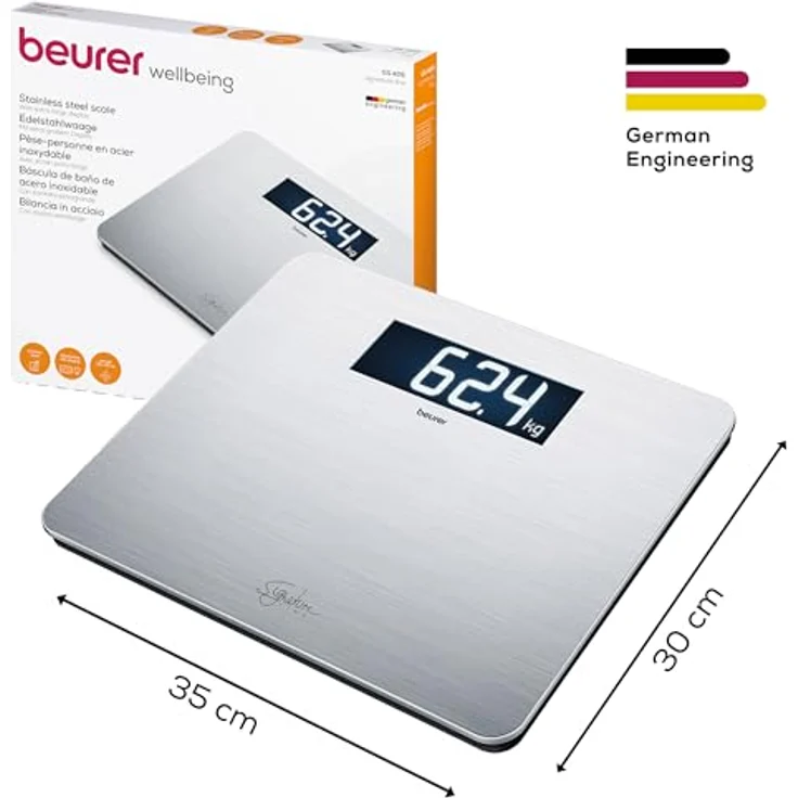 Beurer GS 405 Signature Line Edelstahlwaage, Glaswaage mit hochwertiger Edelstahloberfläche mit Anti, Fingerprint, Beschichtung, beleuchtetes XXL, Display für gute Lesbarkeit, Tragkraft 200 kg – Bild 6