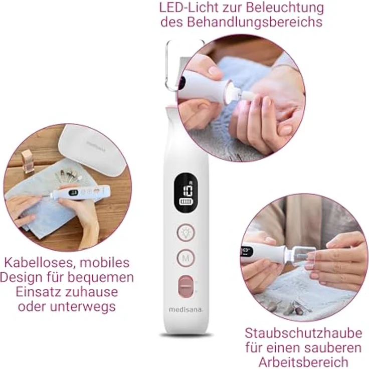 Medisana MP 940 Maniküre-Pediküre-Set, 10-tlg., aufladbar, mit beleuchtetem LCD-Display, 10 Aufsätzen für Nägel, Nagelhaut und Hornhaut – Bild 5