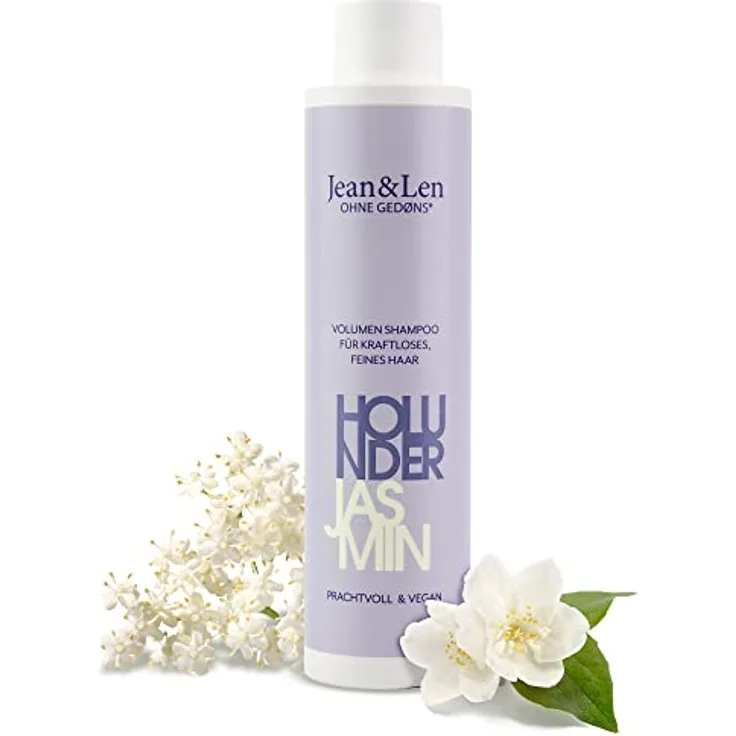 Jean & Len Volumen Shampoo Holunder & Jasmin, für kraftloses und feines Haar, verleiht Volumen, fruchtig-blumiger Duft, ohne Parabene und Silikone, vegan, 300 ml