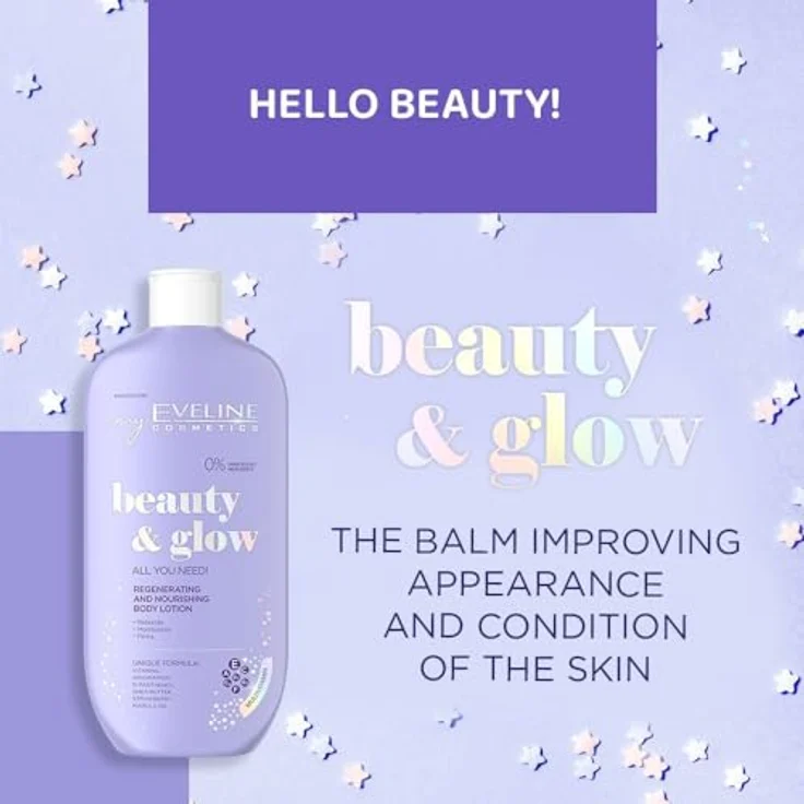 Eveline Cosmetics Beauty & Glow, Regenerierender Nährender Körperbalsam mit Vitaminen A, E, C, 250 ml - Intensive Feuchtigkeit für sehr trockene Haut, schnell einziehende Formel, veganfreundlich – Bild 2