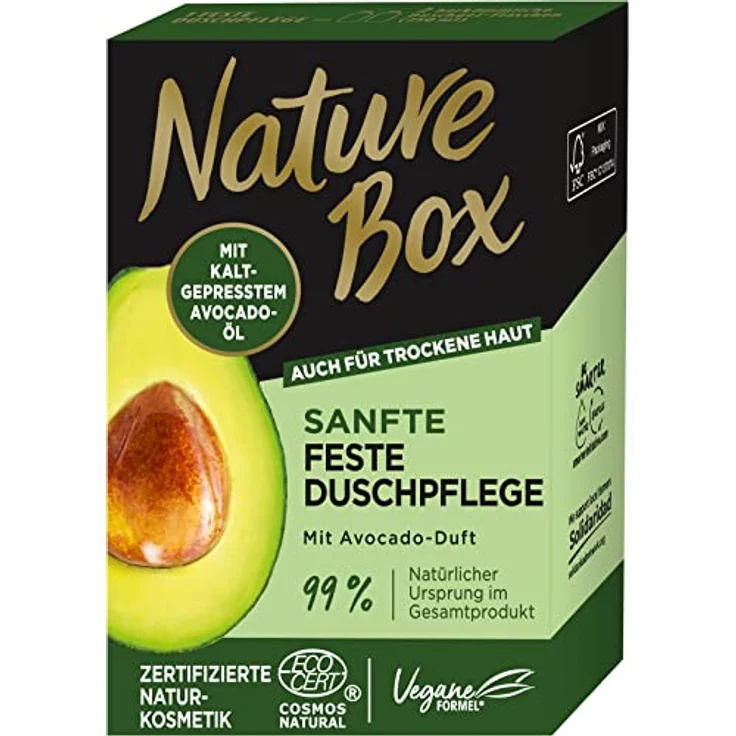 Nature Box Sanfte Feste Duschpflege mit Avocado-Duft (100 g), pflegende Duschseife mit kaltgepresstem Avocado-Öl, extra schäumendes festes Duschgel, recycelbare Verpackung – Bild 2