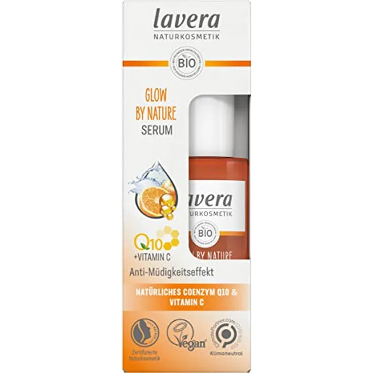 lavera GLOW BY NATURE Serum - Naturkosmetik vegan Q10 & Vitamin C Feuchtigkeitsspendend Anti-Falten vitalisierend straffe Haut PETA-zertifiziert 1 x 30 ml, Orange