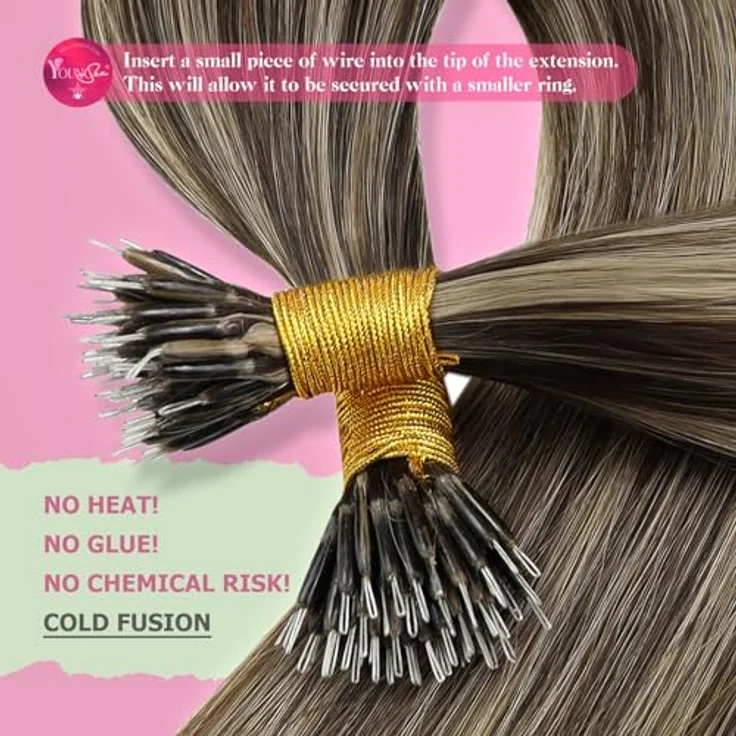 YoungSee Nano Extensions Echthaar Dunkelbraun, 40 cm, Nanoring Haarextension mit Braun Highlight Blond, 50g, P4/27, schonende Anwendung ohne Kleber, ideal für feines Haar, wiederverwendbar – Bild 4