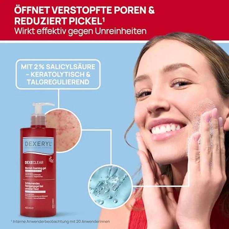 DEXERYL Schäumendes Anti-Unreinheiten Gel mit 2% Salicylsäure, seifenfreie Gesichts- und Körperreinigung für fettige, zu Akne neigende Haut, reduziert Pickel¹ und Mitesser, 400 ml – Bild 3