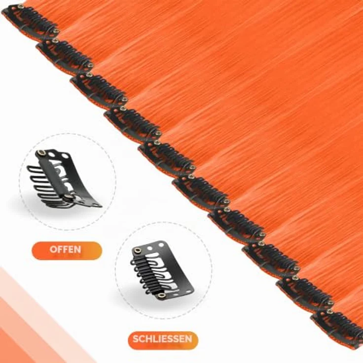 FESHFEN Farbige Haarverlängerung, 10 PCS Orange Clip-in Haarteil aus Synthetik, 55 cm, hitzebeständig und leicht zu befestigen – Bild 3