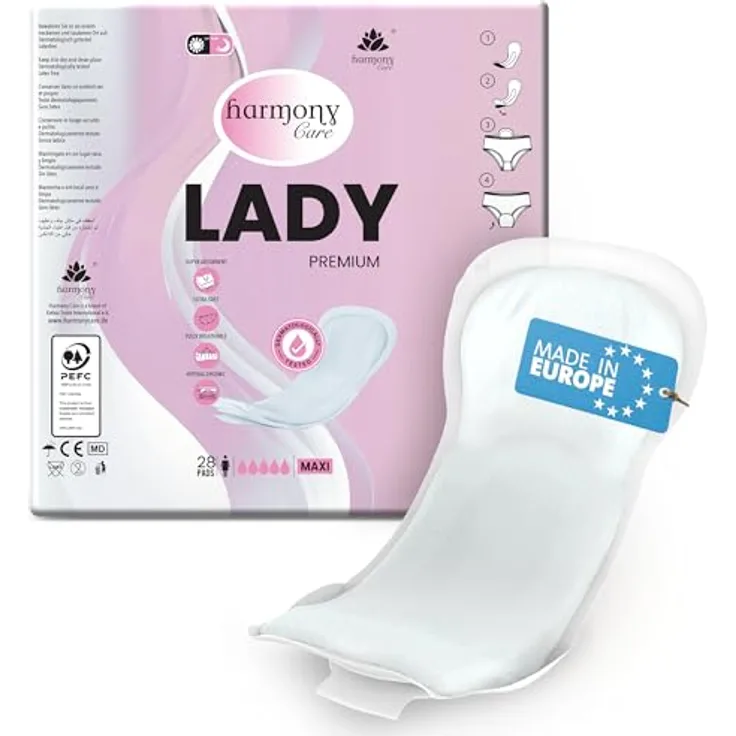 Harmony Care Lady Maxi Inkontinenz-Einlage – 800ml Saugleistung, 28 Stück, mit Auslaufschutz und Geruchskontrolle, diskret und komfortabel