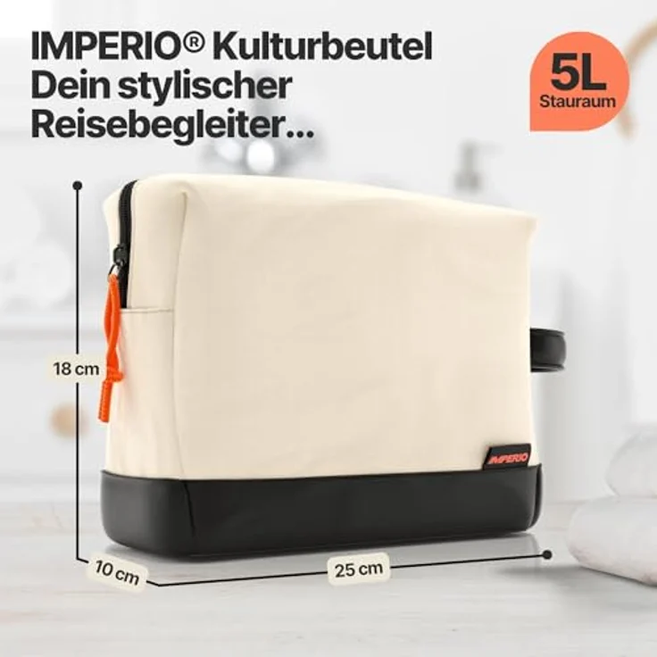 IMPERIO Kulturbeutel für Damen, Herren & Kinder, wasserdicht aus strapazierfähigem Premium Canvas & veganem Kunstleder, 5 Liter Stauraum, sandfarben – Bild 2
