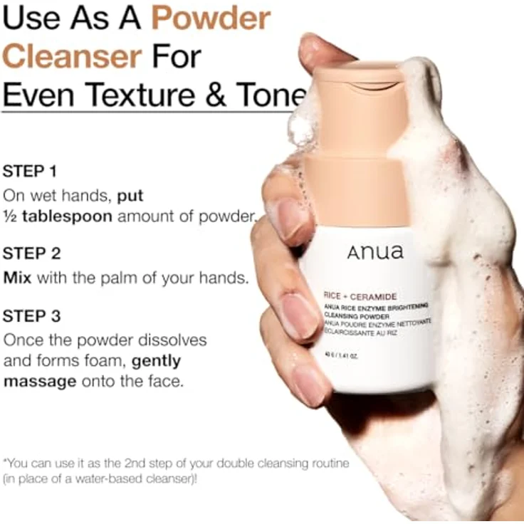 ANUA RICE ENZYME BRIGHTENING CLEANSING POWDER, Reismaske, Ceramid, Gesichtsreiniger für aufhellende, strahlende Haut, Gesichtsreiniger für trockene Haut, koreanische Hautpflege, parfümfrei, 40 g. – Bild 4
