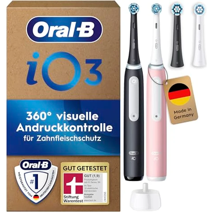 Braun Oral-B iO Series 3 Plus Edition Doppelpack Elektrische Zahnbürste mit 4 Aufsteckbürsten, 3 Putzmodi, Schwarz und Pink – Bild 1