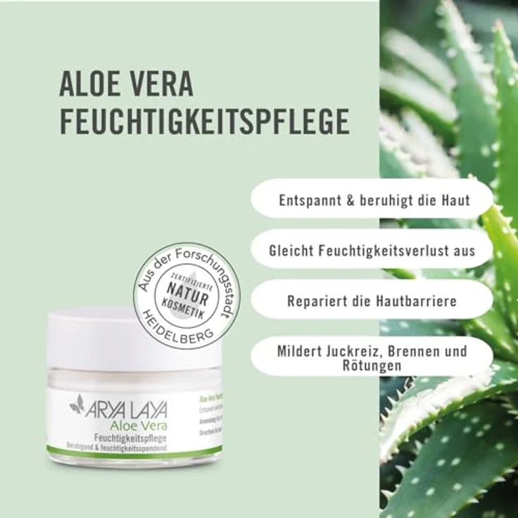Arya Laya Aloe Vera Feuchtigkeitspflege, 50 ml: Frischer, jugendlicher Teint für beanspruchte, feuchtigkeitsarme Haut, beruhigend, entspannend & ausgleichend, ideal nach Sonnenbad, vegan – Bild 2