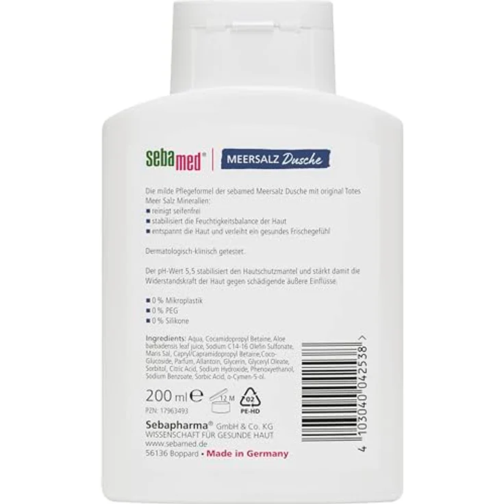 Sebamed Meersalz Dusche 200 ml, Duschgel für Männer und Frauen, seifenfreie Reinigung für empfindliche und trockene Haut, ohne Mikroplastik – Bild 2