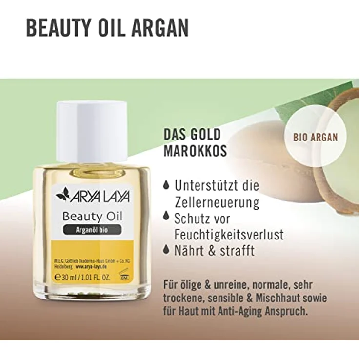 ARYA LAYA Beauty Oil Argan bio, 30 ml: Anti-Aging-Geheimnis für Ihre Haut, unterstützt die Zellerneuerung, schützt vor Feuchtigkeitsverlust, nährt & strafft, vegan – Bild 2