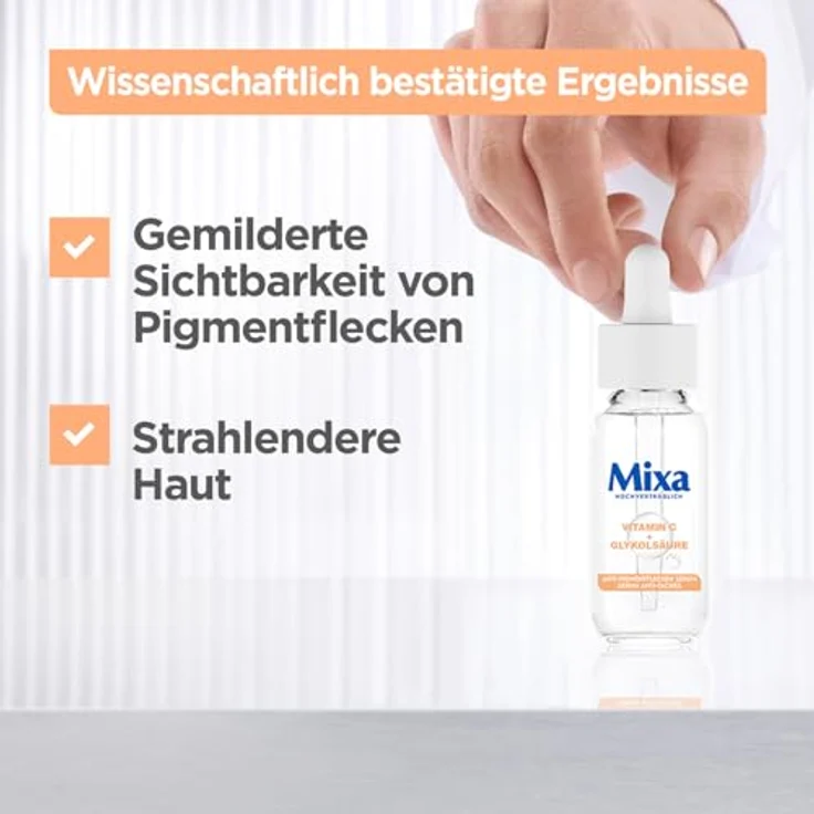 Mixa Anti-Pigmentflecken Serum, Für ungleichmäßige, fahle und sensible Haut mit Vitamin C und Niacinamid, LSF 20, Hypoallergen, 30 ml – Bild 5
