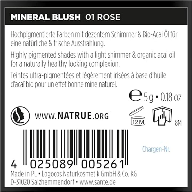 SANTE Naturkosmetik Mineral Blush 01 Rose, hochpigmentierter Rouge mit Bio-Acaiöl, leicht verblendbar für einen strahlenden Teint, 5g – Bild 2