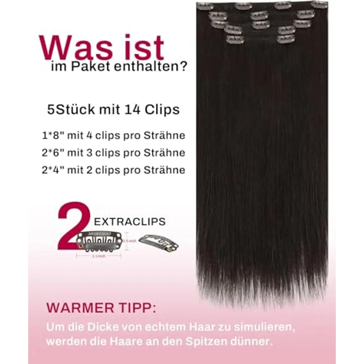 Moresoo Clip in Extensions Echthaar, Glattes 25 cm, 80g, 5 Stück - Seidiges und Langlebiges Haar für Volumen und Styling – Bild 3