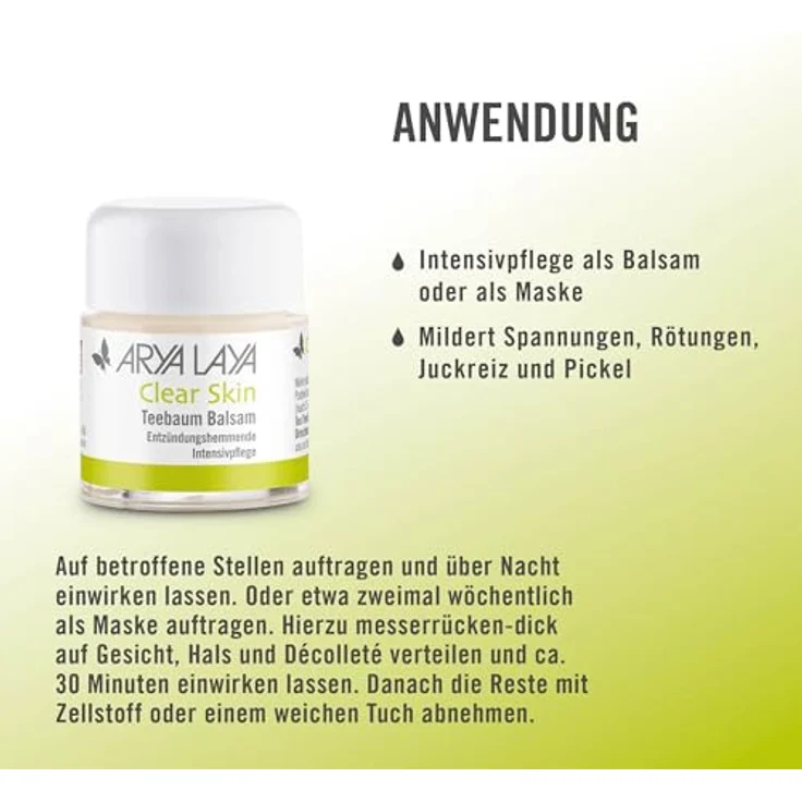 ARYA LAYA Clear Skin Teebaum Balsam, 20 ml: Intensivpflege als Maske oder partiell - wirkt der Ausbreitung von Bakterien & Entzündungen entgegen, bei fettiger, fettender & entzündlicher Haut, vegan – Bild 3