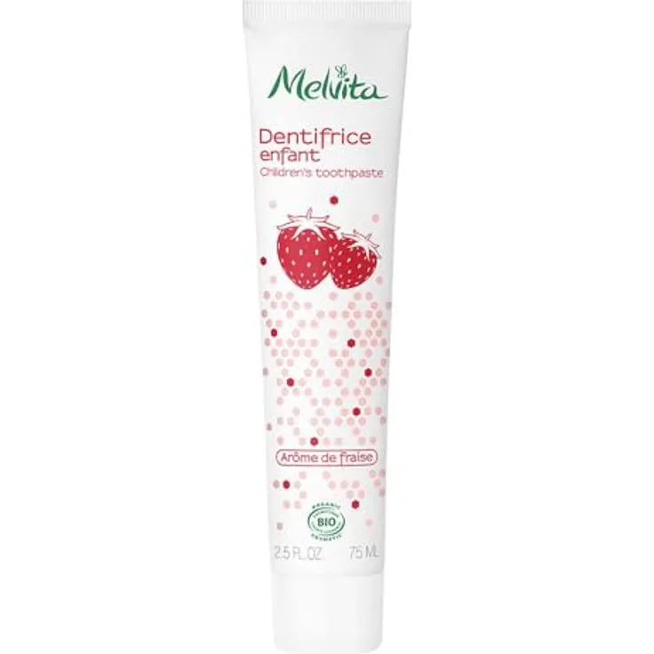 Melvita, Zahnpasta für Kinder mit Erdbeeraroma, natürliche und sanfte Formel, angenehmer Geschmack, 75 ml, Les Essentiels Hygiene-Reihe
