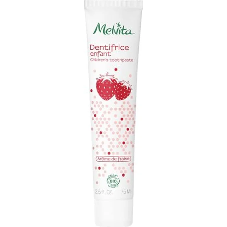 Melvita, Zahnpasta für Kinder mit Erdbeeraroma, natürliche und sanfte Formel, angenehmer Geschmack, 75 ml, Les Essentiels Hygiene-Reihe – Bild 1