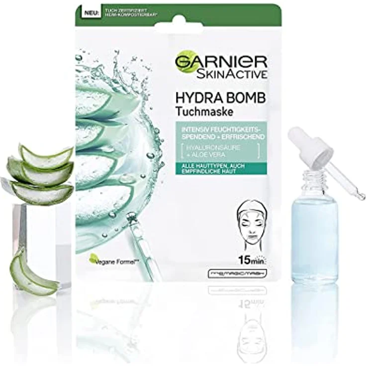 Garnier Tuchmaske, Gesichtsmaske für alle Hauttypen, Erfrischend und feuchtigkeitsspendend, Mit Hyaluronsäure und Aloe Vera, Hydra Bomb, 28 g – Bild 3
