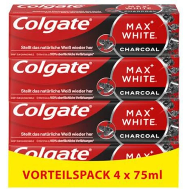 Colgate Max White Charcoal, Zahnpasta mit Aktivkohle zur Entfernung von 100% oberflächlicher Verfärbungen, 4x75ml – Bild 1
