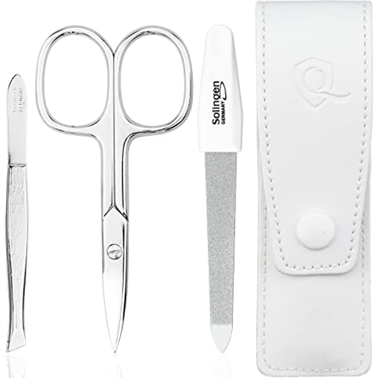 marQus Nagelschere und Pinzetten Set 3-teilig, Nagelpflegeset mit Feile aus Solingen, klassisch weiß, ideal für Reisen und Handtasche