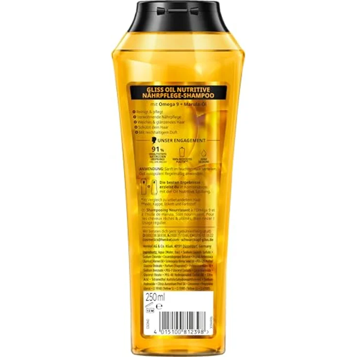 Gliss Shampoo Oil Nutritive (250 ml), Haarshampoo mit Omega 9 & Marula-Öl für strohiges und strapaziertes Haar, sorgt für Geschmeidigkeit und Glanz – Bild 3